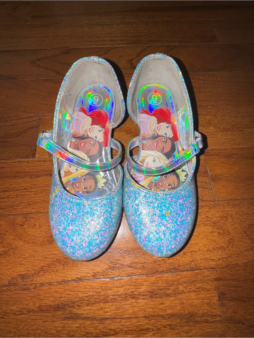 Disney Princess Girls Blue Glitter Mary Jane Shoes with Holographic Strap